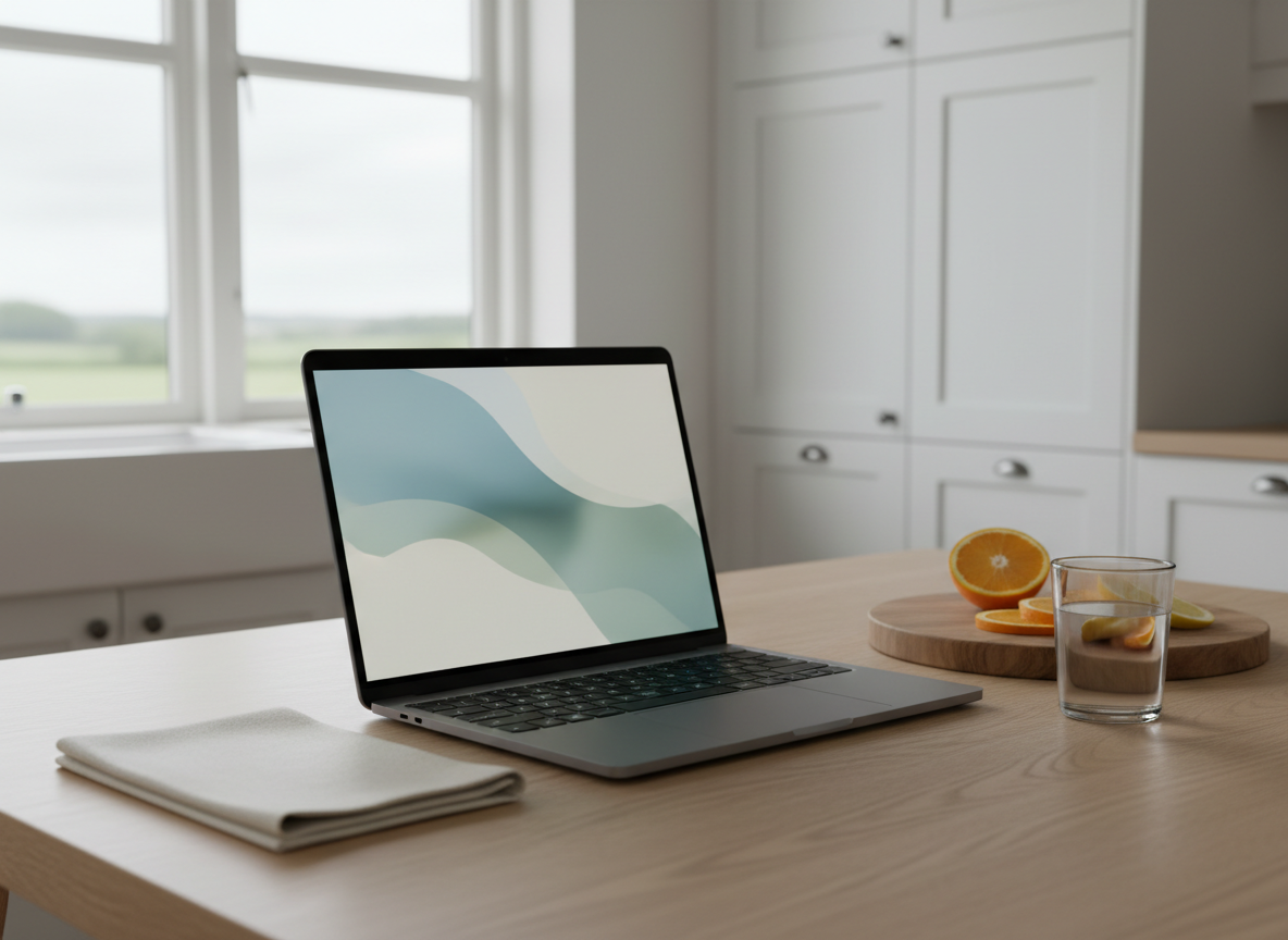 A sleek, modern laptop open on a light oak kitchen table in a rural Scandinavian home, its screen displaying an abstract blurred interface suggesting a content portfolio. Around it lie a neatly folded cream-colored linen cloth, a wooden cutting board with sliced citrus, and a matte glass of water, all styled with understated elegance. Soft overcast daylight filters through a large unseen window, creating even, natural lighting and subtle reflections on the laptop’s metallic surface. Photographic realism, eye-level angle with the laptop slightly off-center following the rule of thirds, background fading into a soft bokeh of farmhouse cabinets and a hint of countryside visible through a distant window, evoking calm, professional authenticity.