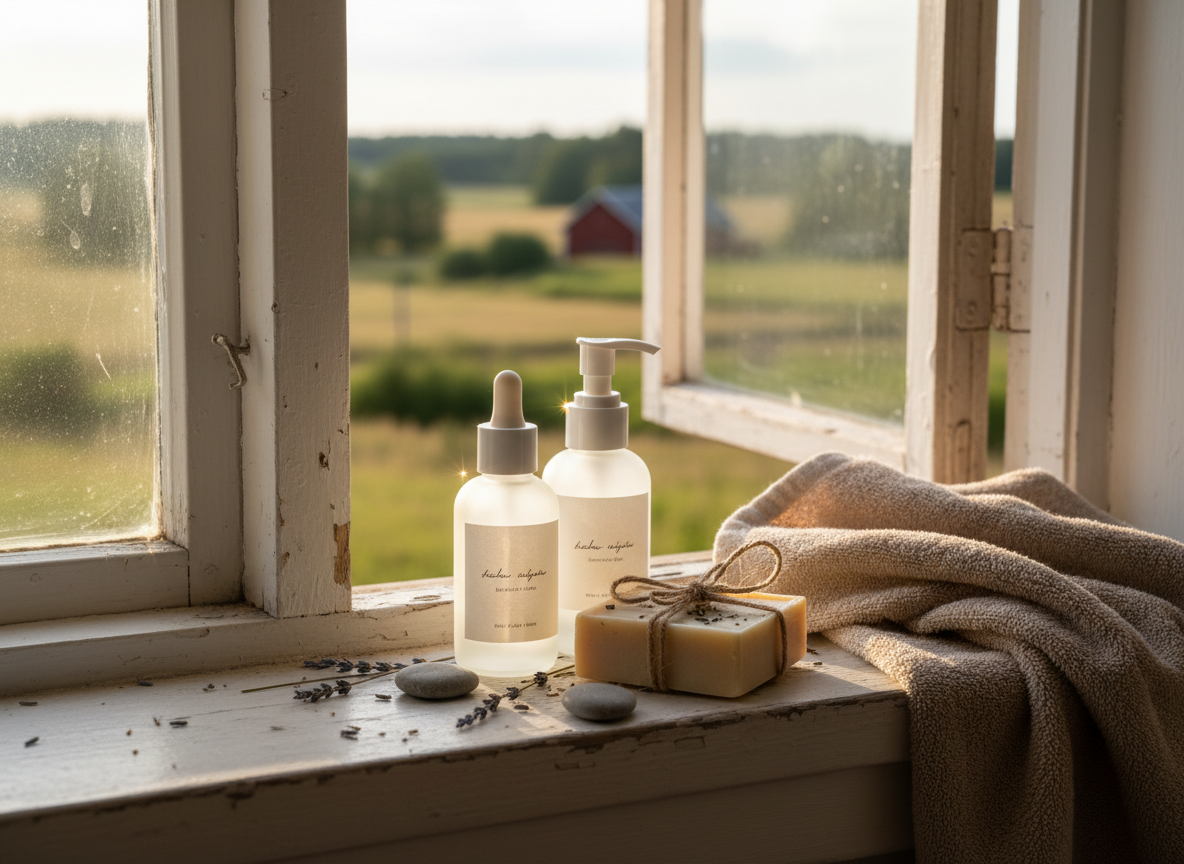An artfully arranged set of natural skincare and lifestyle products on an old, white-painted wooden windowsill in a country house, including frosted glass bottles, a bar of handmade soap tied with twine, and a folded, textured cotton towel in muted sand tones. Beyond the slightly open window, a softly blurred view of Swedish fields and trees bathes in late afternoon sun. The light streams in, creating delicate highlights on the glass and gentle shadows in the wood grain. Photographic realism, captured at a slightly elevated three-quarter angle with a shallow depth of field, conveying warm, authentic, nature-inspired UGC ready for a sophisticated personal brand portfolio.