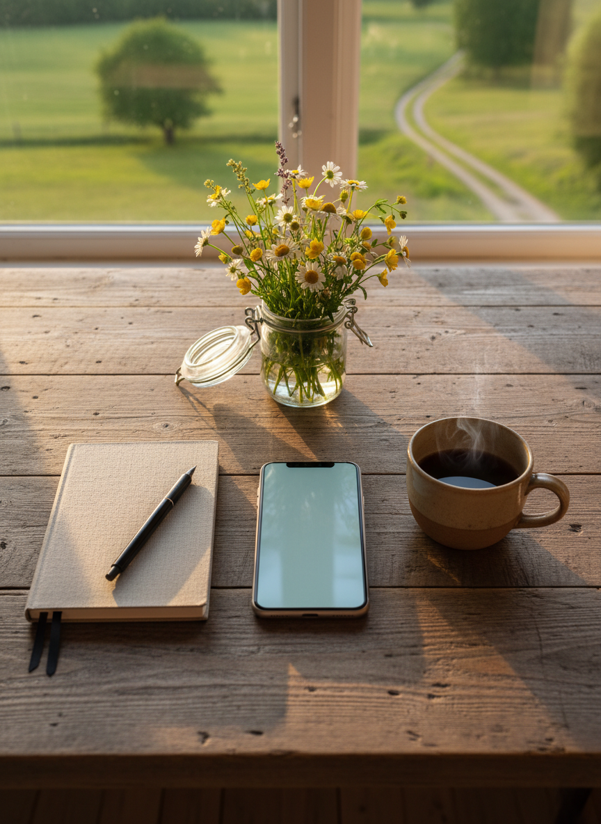 A carefully styled flat lay of a rustic wooden farmhouse table used as a content-creation workspace, featuring a modern smartphone with a blank, softly glowing screen, a neutral linen notebook, a ceramic mug in warm beige, and a small wildflower bouquet in a glass jar. Outside a nearby window, blurred green fields and trees hint at the Swedish countryside. Golden hour sunlight pours in from the side, casting long, gentle shadows and creating a warm, honeyed atmosphere. Photographic realism, shot from directly above with a clean, balanced composition and shallow depth of field, conveying a sophisticated yet down-to-earth UGC creator working in a peaceful rural setting.